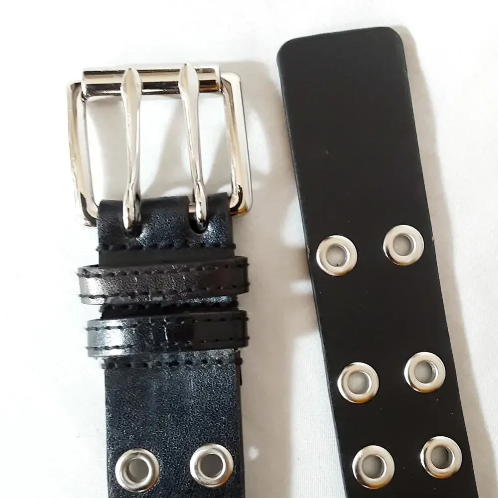 💎Black Unisex Double Silver Tone Grommet Faux Leather Belt Size XL Punk Rock